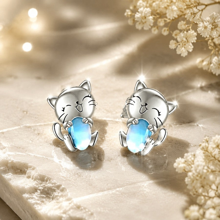 Smiling Cat Moonstone Stud Earrings