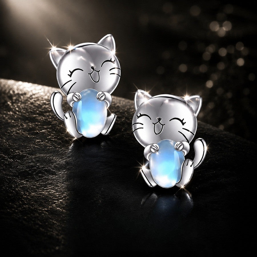 Smiling Cat Moonstone Stud Earrings