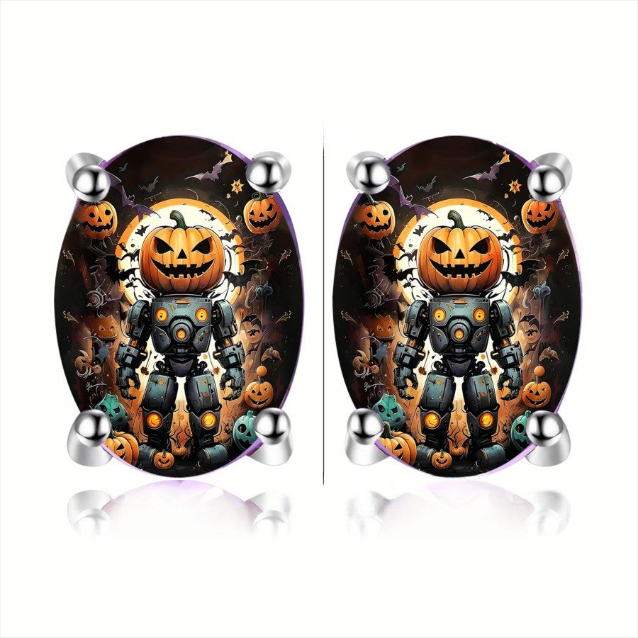 Pumpkin Robot Oval Earrings