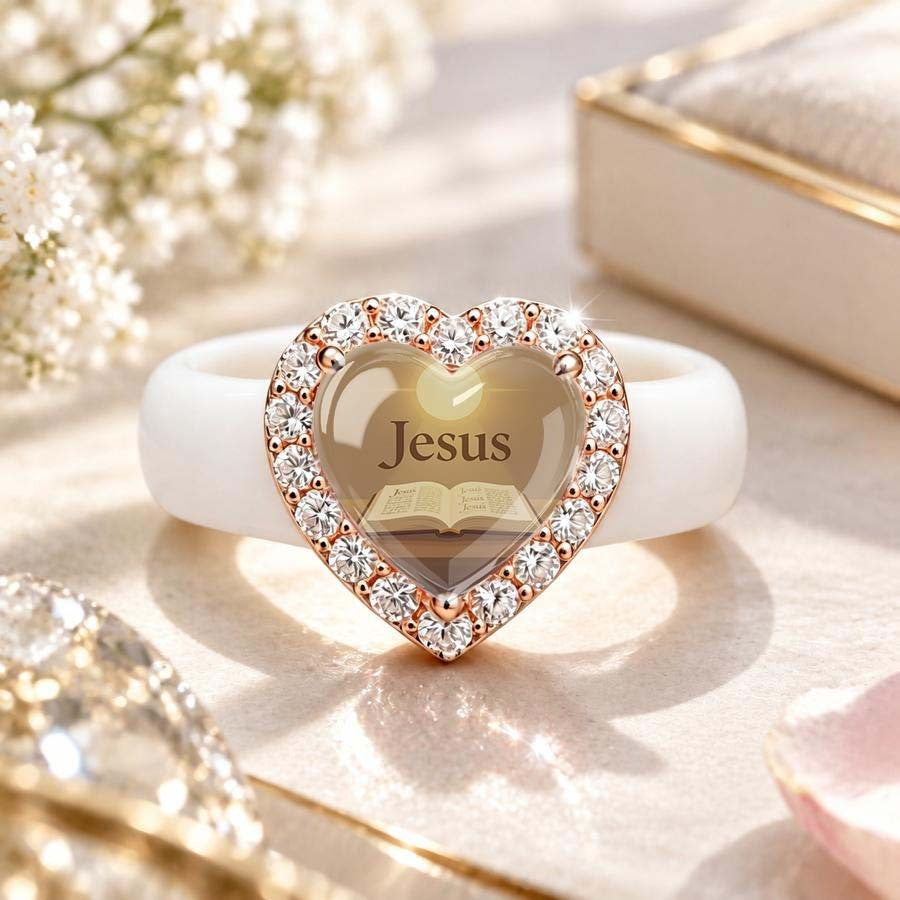 Crystal Jesus Heart Ring