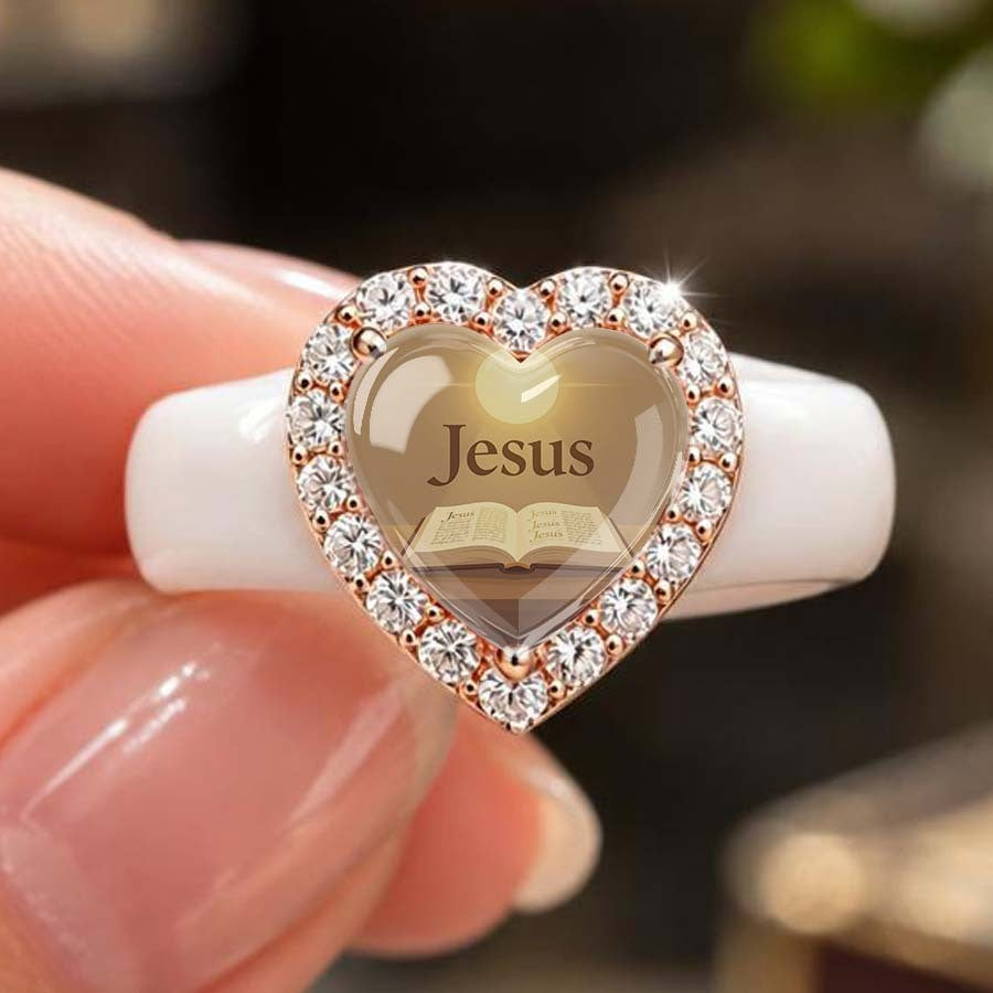 Crystal Jesus Heart Ring