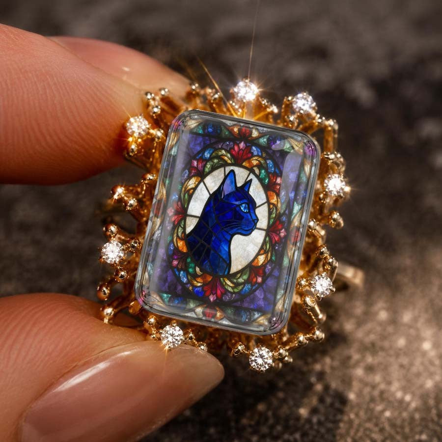 Blue Cat Stained Glass Ring