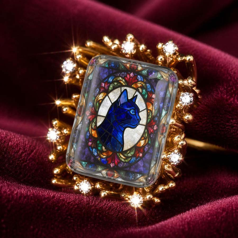 Blue Cat Stained Glass Ring