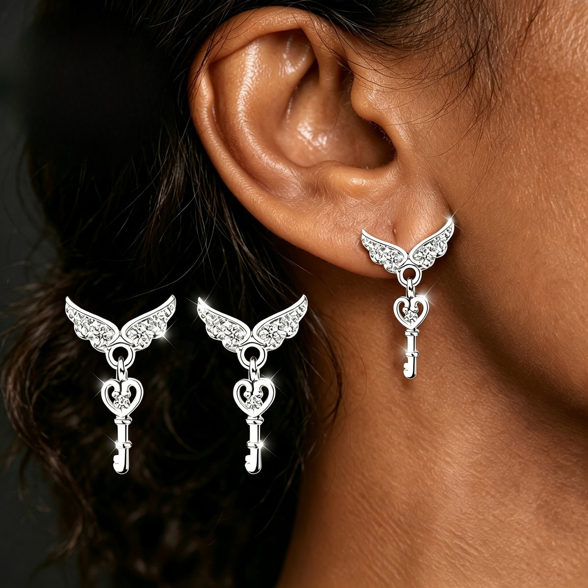 Crystal Angel Key Earrings