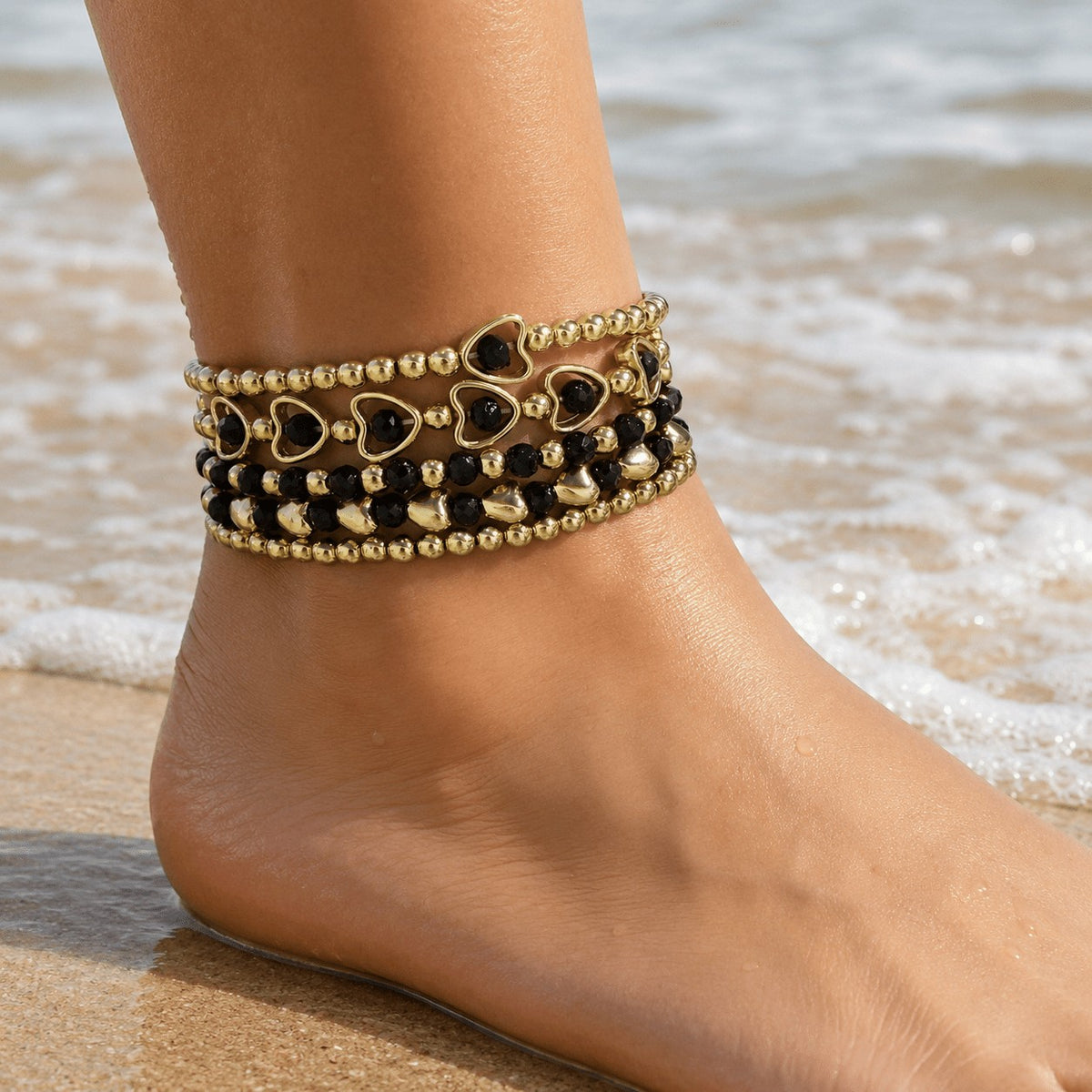 Black Heart & Bead Anklet Set