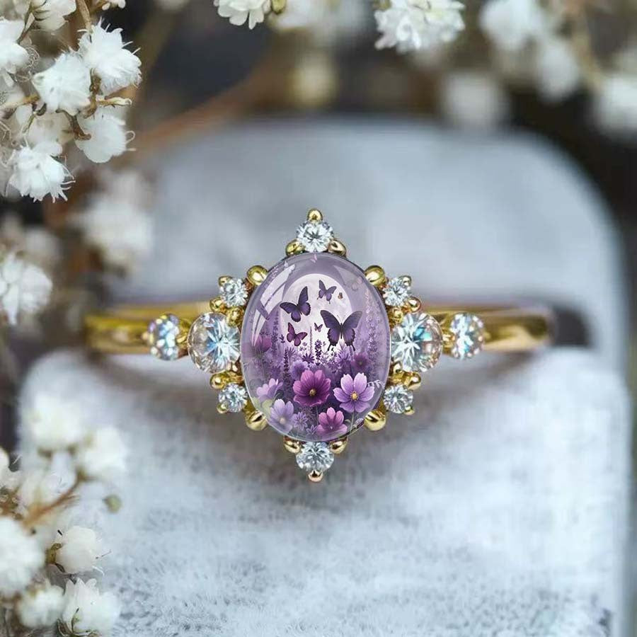 Purple Floral Butterfly Oval Ring