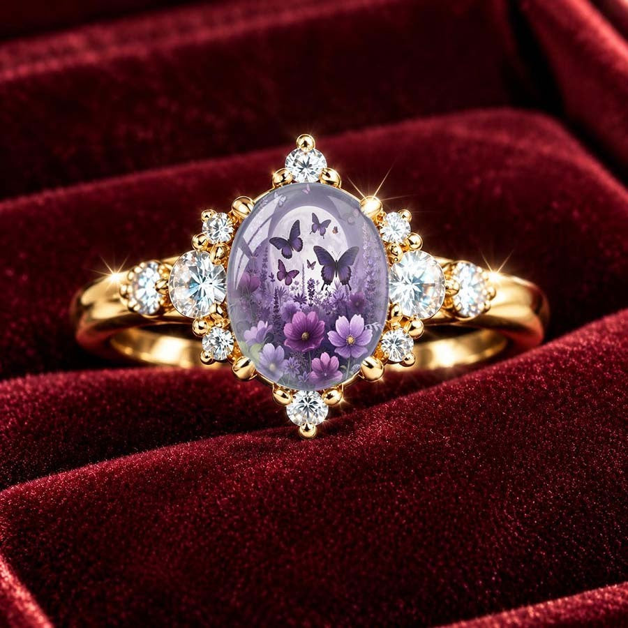 Purple Floral Butterfly Oval Ring