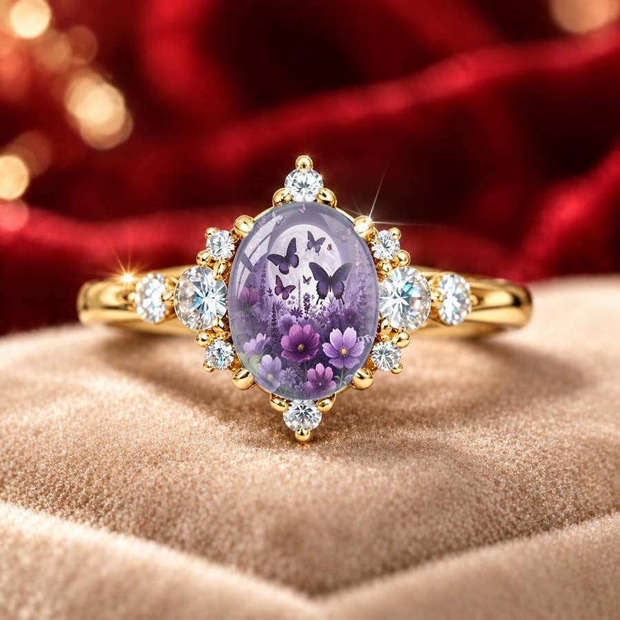 Purple Floral Butterfly Oval Ring