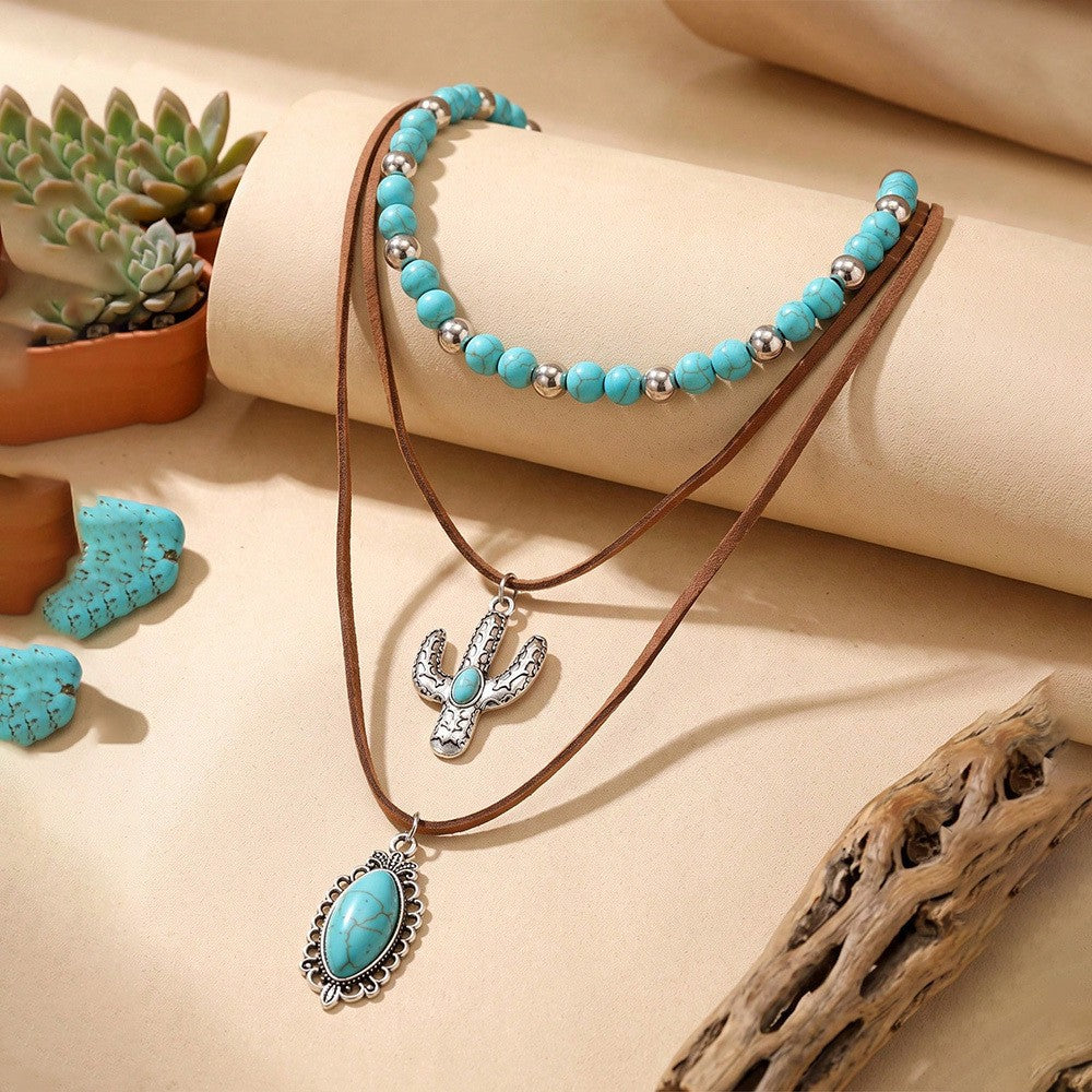 Turquoise Cactus & Oval Pendant Layered Necklace Set