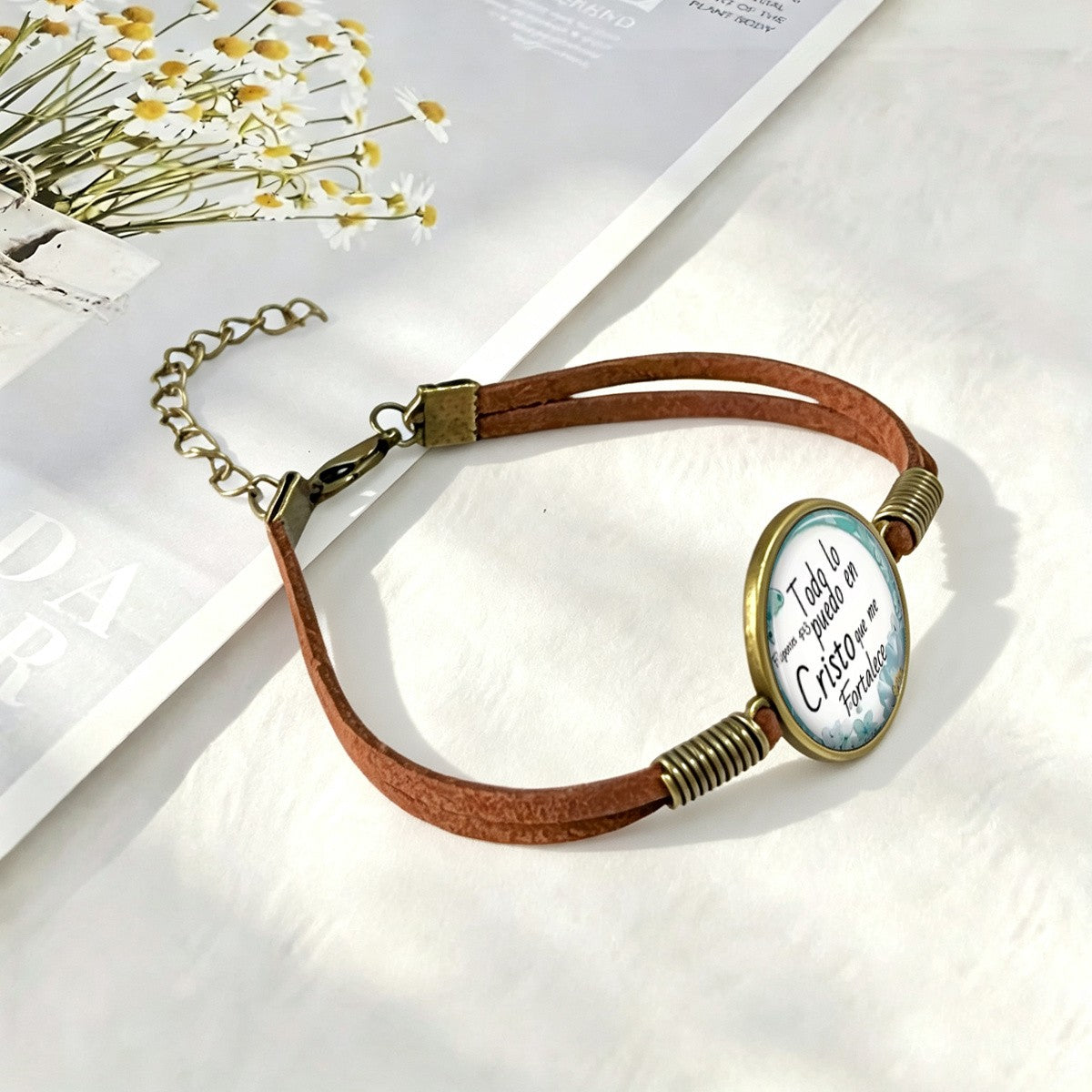Spanish Scripture Floral Dome Bracelet