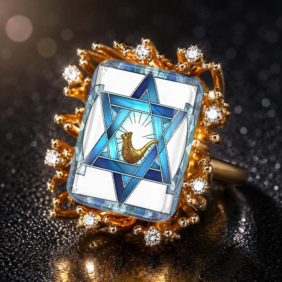 Blue Star of David Glass Square Ring
