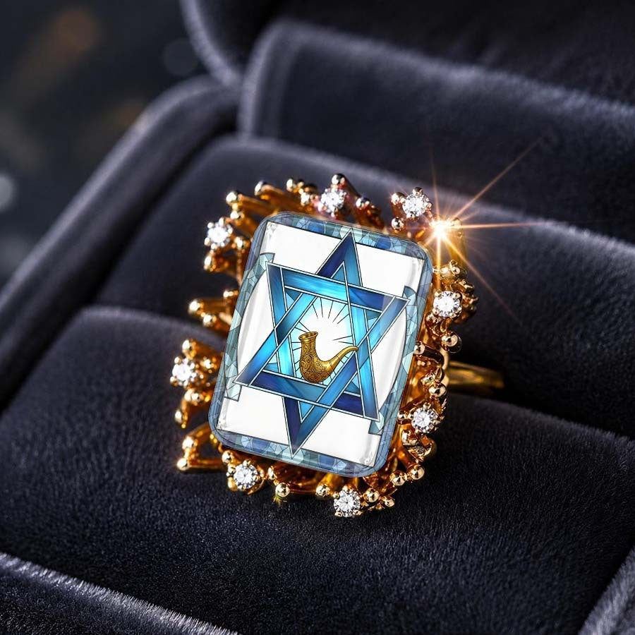 Blue Star of David Glass Square Ring