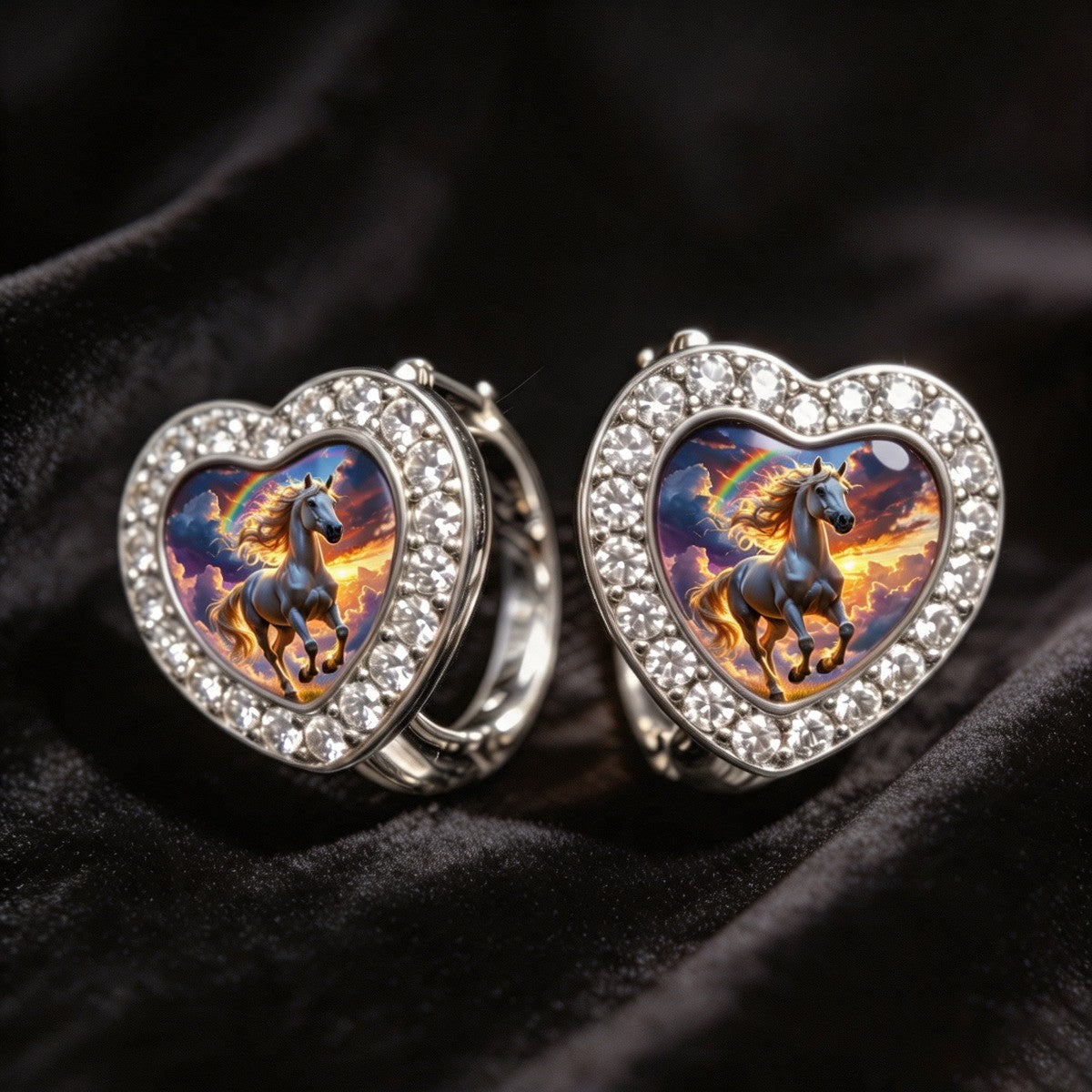 Rainbow Horse Heart Huggie Earrings