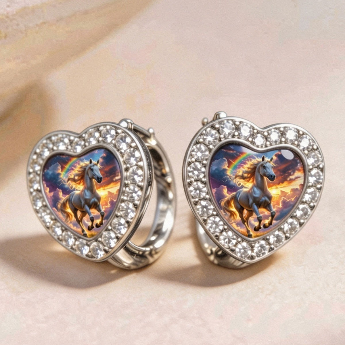 Rainbow Horse Heart Huggie Earrings