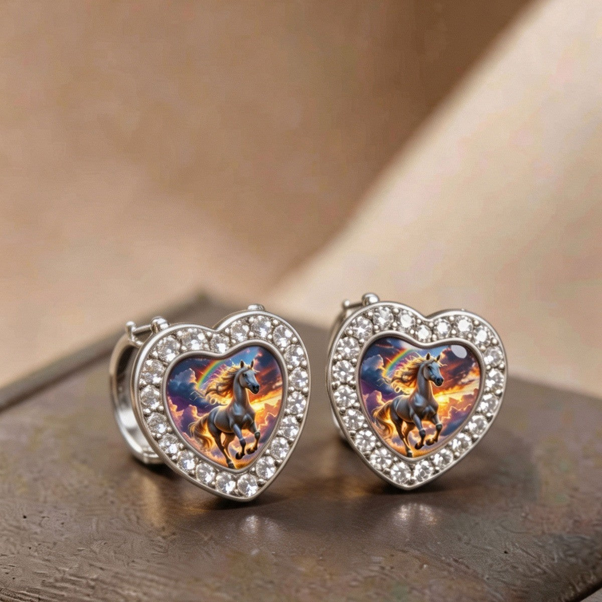 Rainbow Horse Heart Huggie Earrings