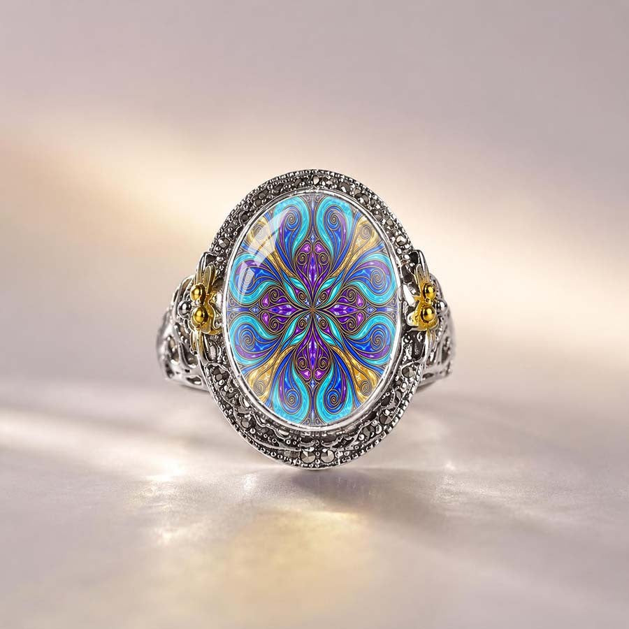Blue Purple Floral Mandala Ring