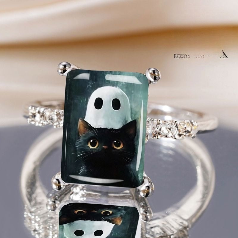 Ghost Cat Glass Inlay Ring