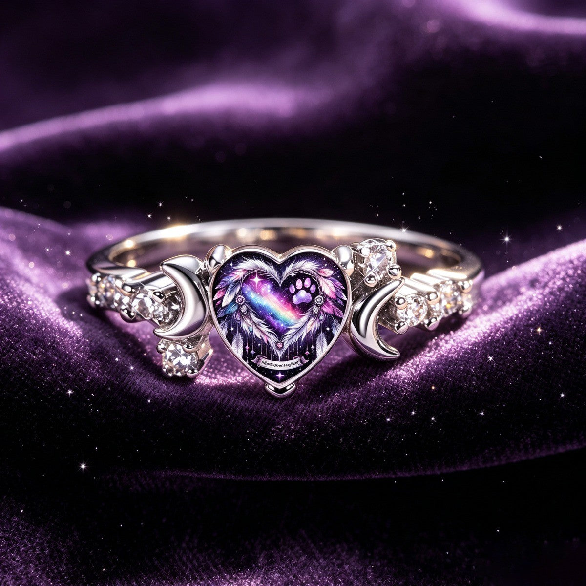 Galaxy Paw & Crescent Moon Heart Ring
