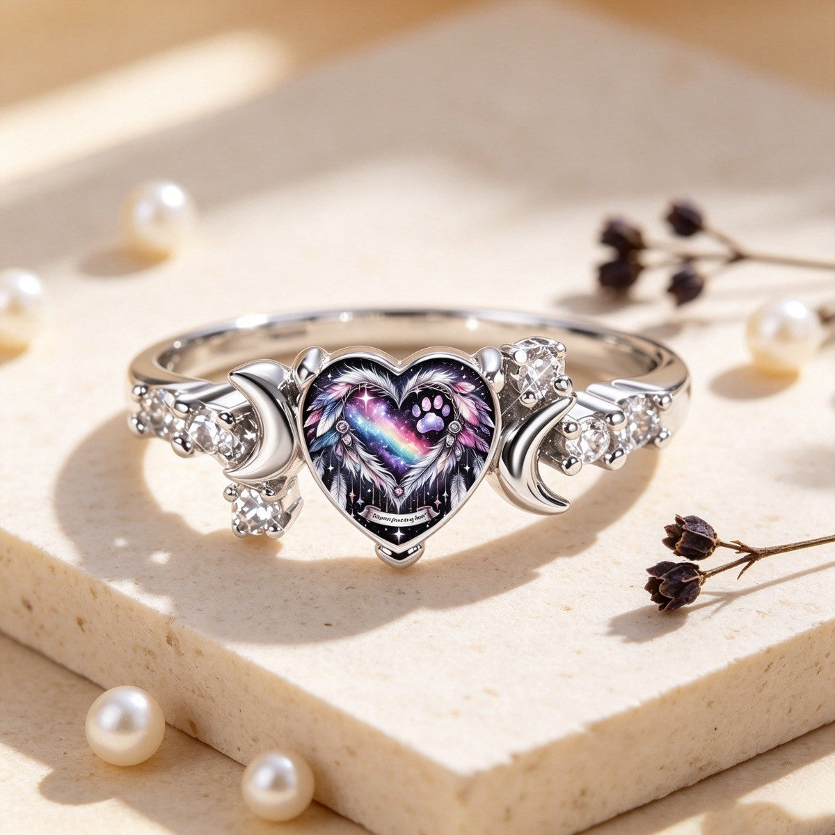 Galaxy Paw & Crescent Moon Heart Ring