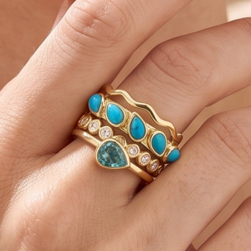 Turquoise & Crystal Stackable Ring Set