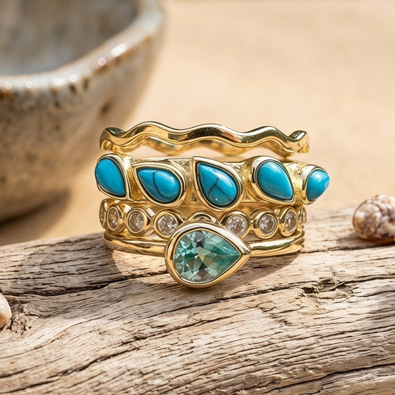 Turquoise & Crystal Stackable Ring Set