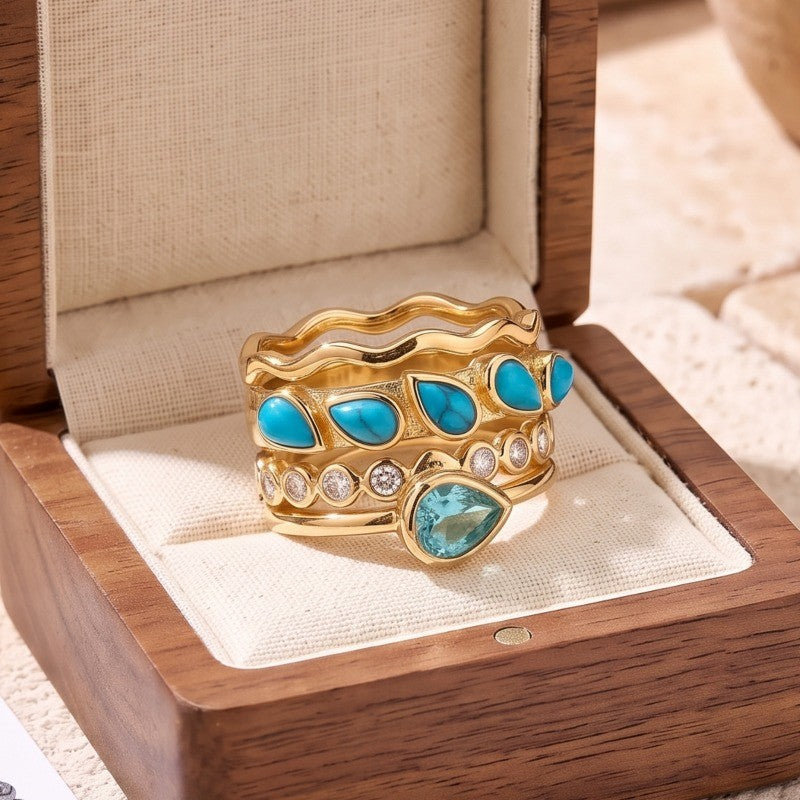 Turquoise & Crystal Stackable Ring Set