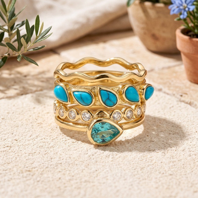 Turquoise & Crystal Stackable Ring Set