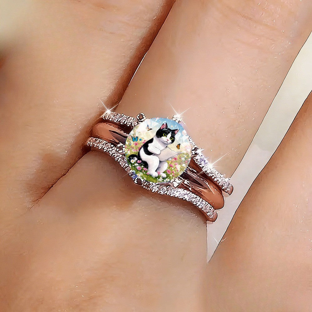 Reading Cat in Flowers Oval Ring