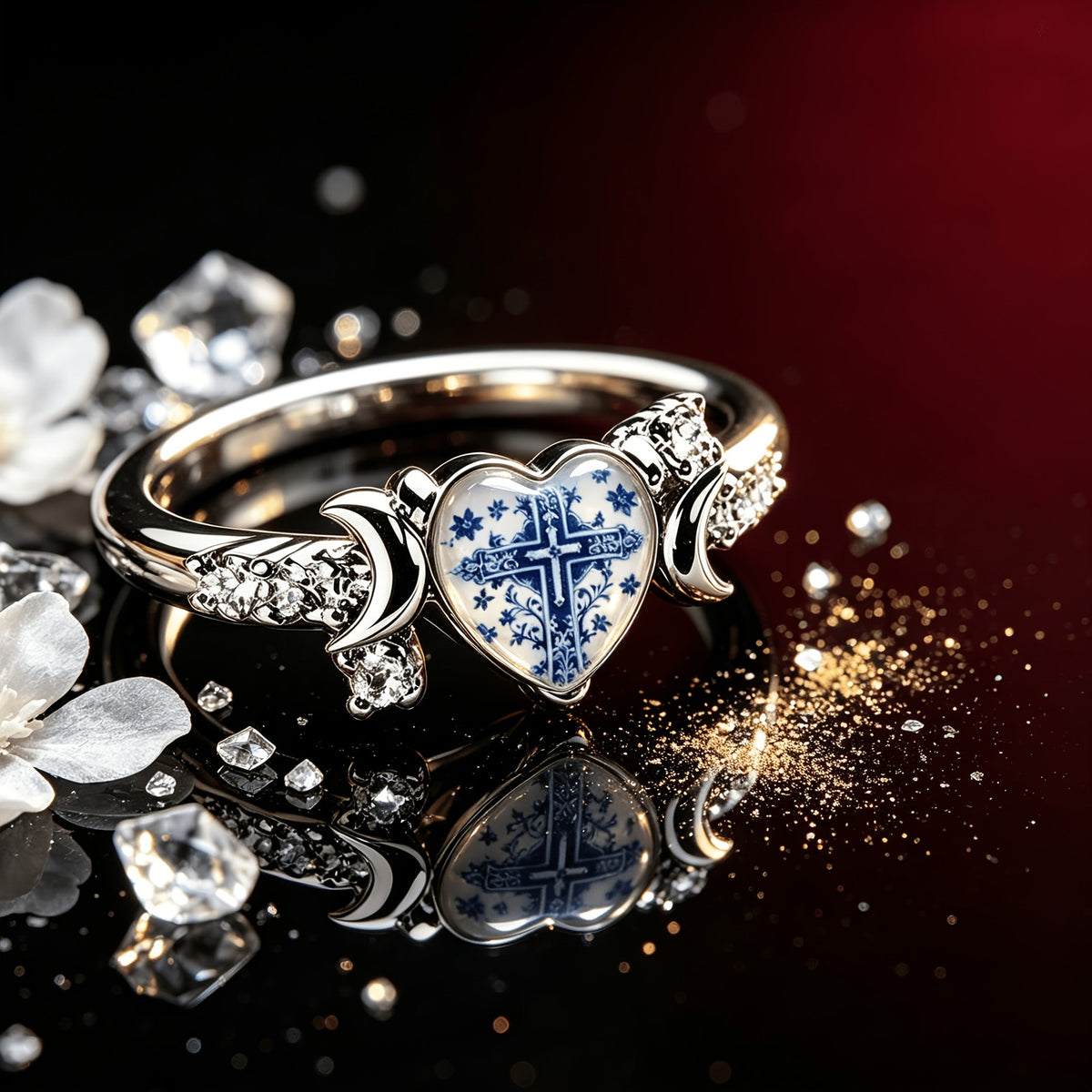Blue Floral Cross Heart Ring