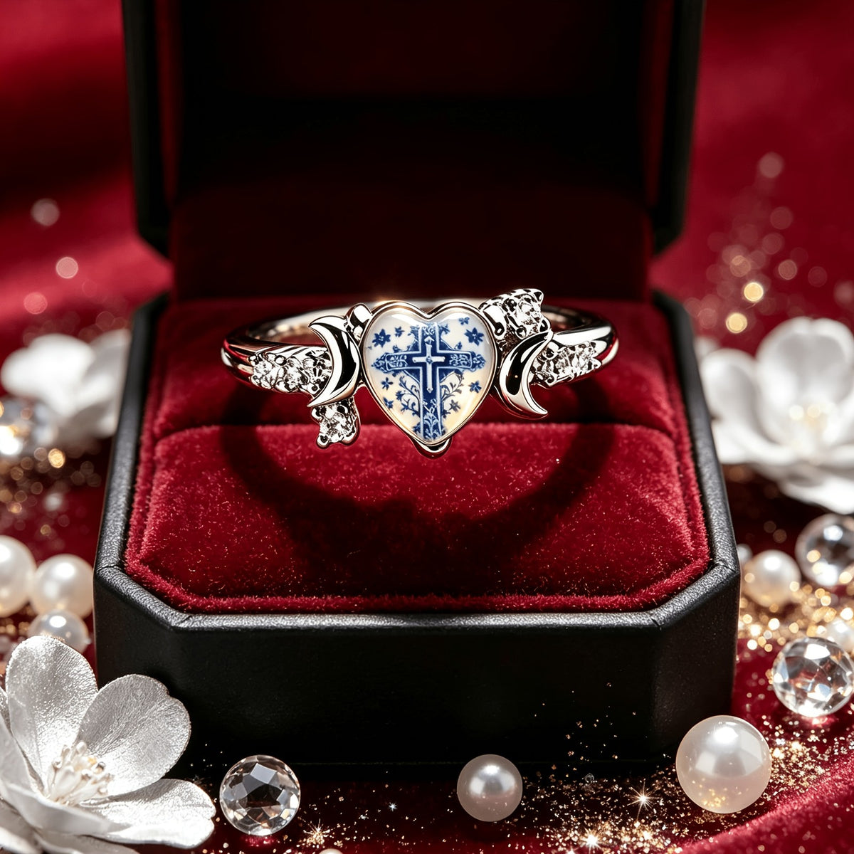 Blue Floral Cross Heart Ring