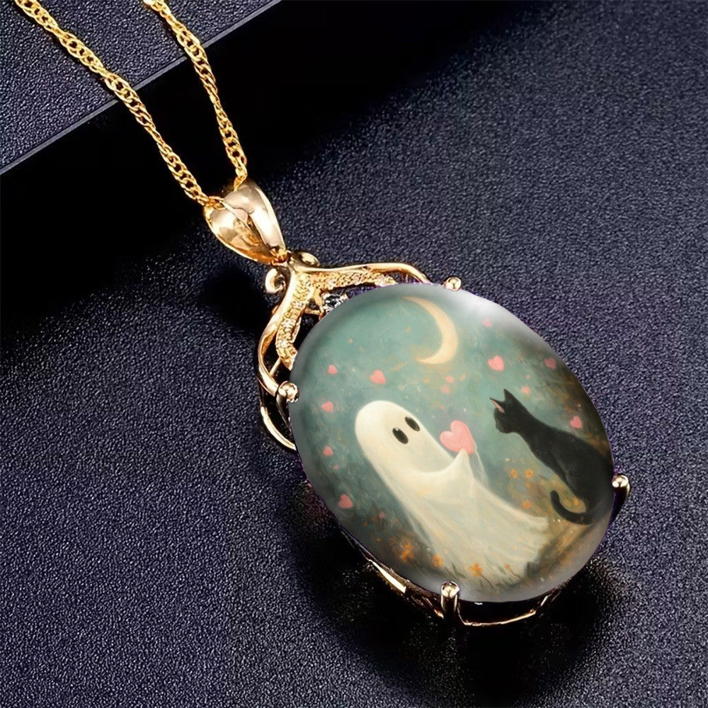 Ghost & Cat Heart Pendant Necklace