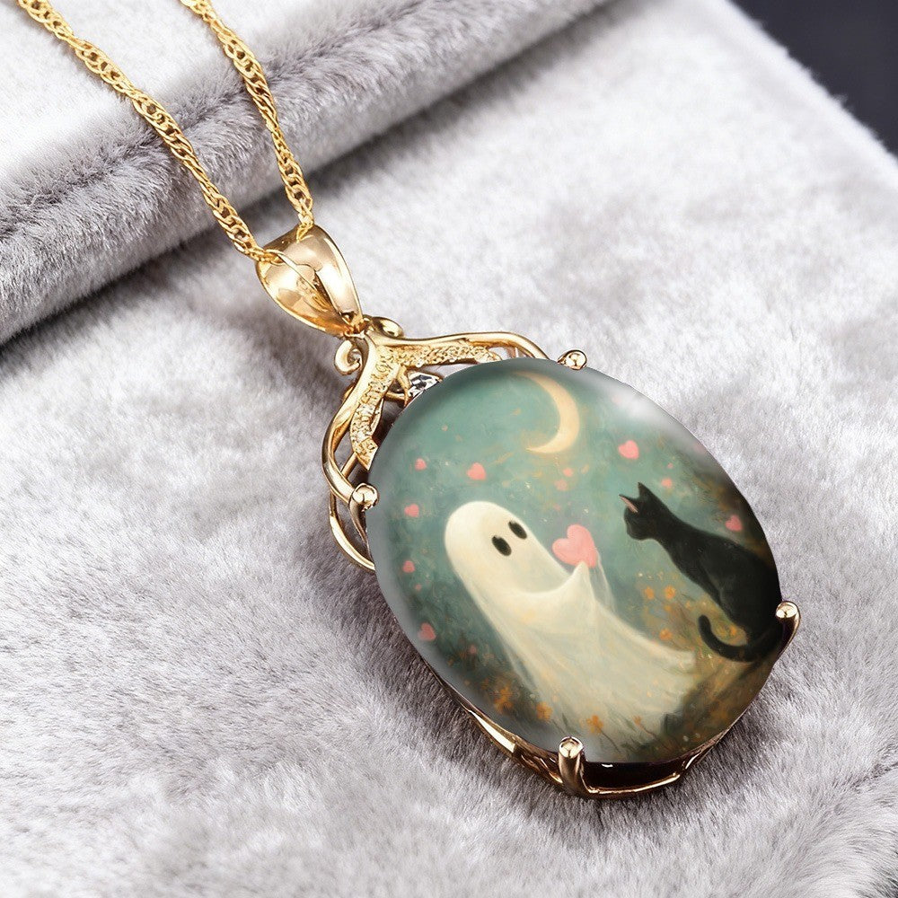 Ghost & Cat Heart Pendant Necklace