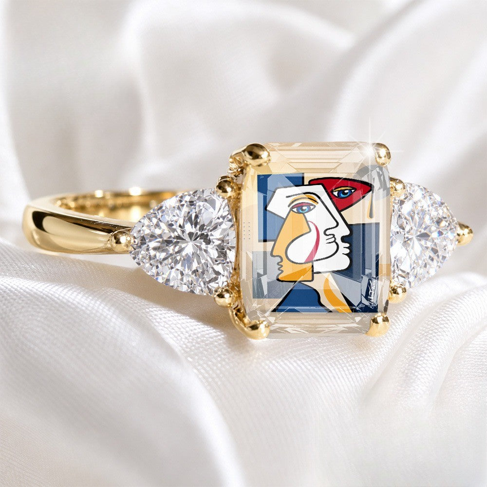 Abstract Face Three-Stone Ring
