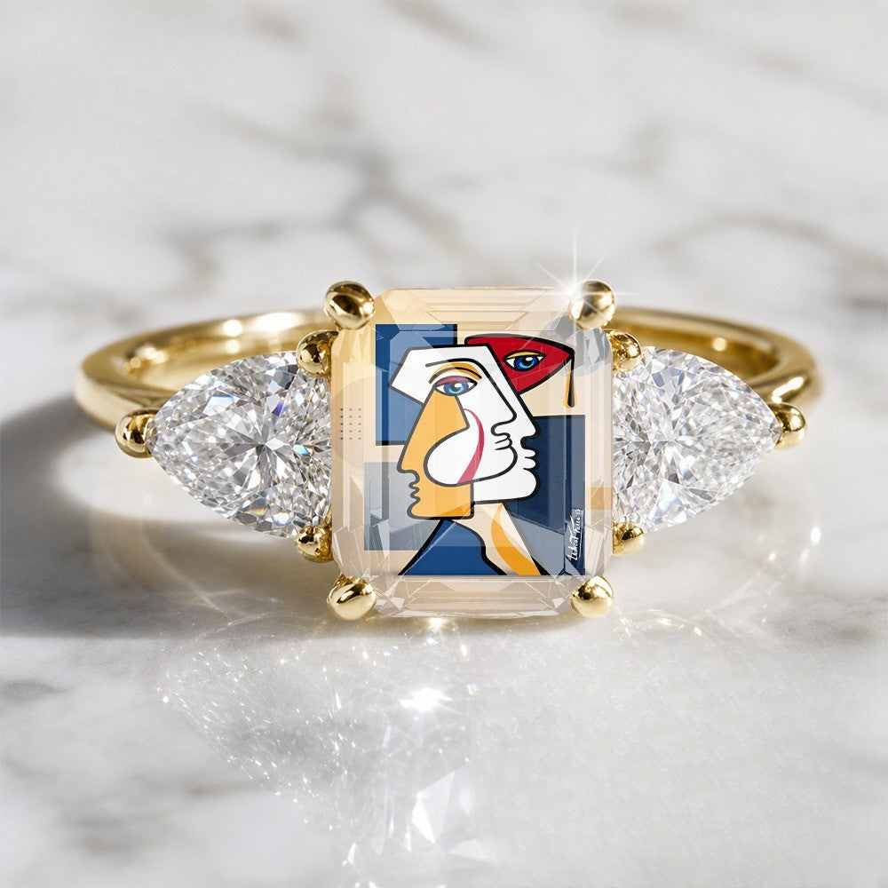 Abstract Face Three-Stone Ring