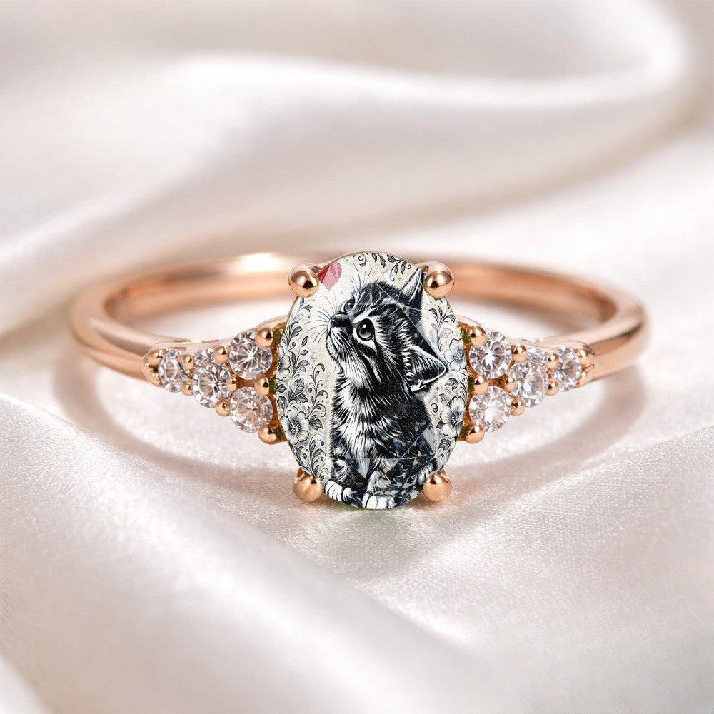 Kitten & Red Heart Oval Ring