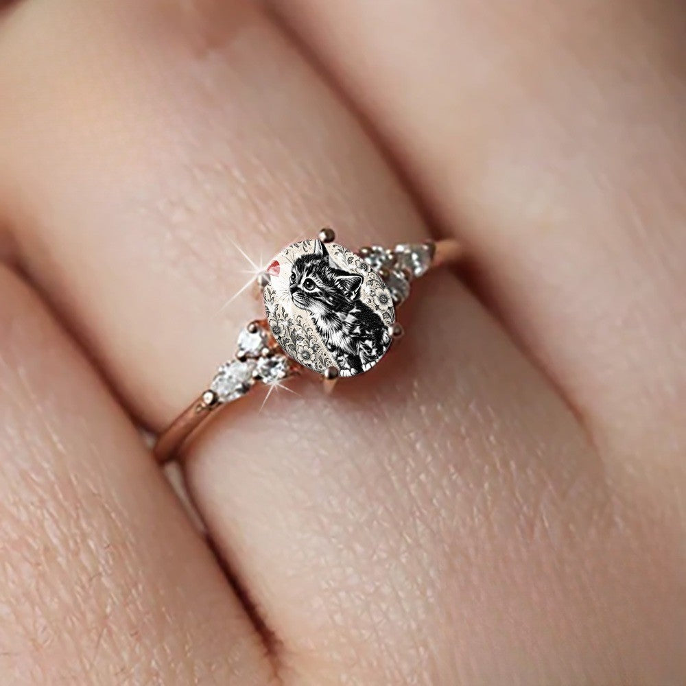 Kitten & Red Heart Oval Ring