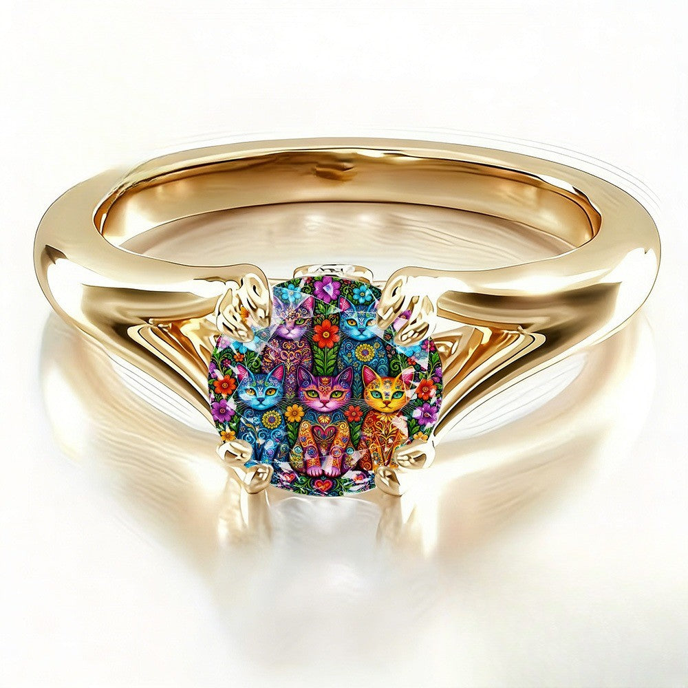 Colorful Floral Cat Prong Ring