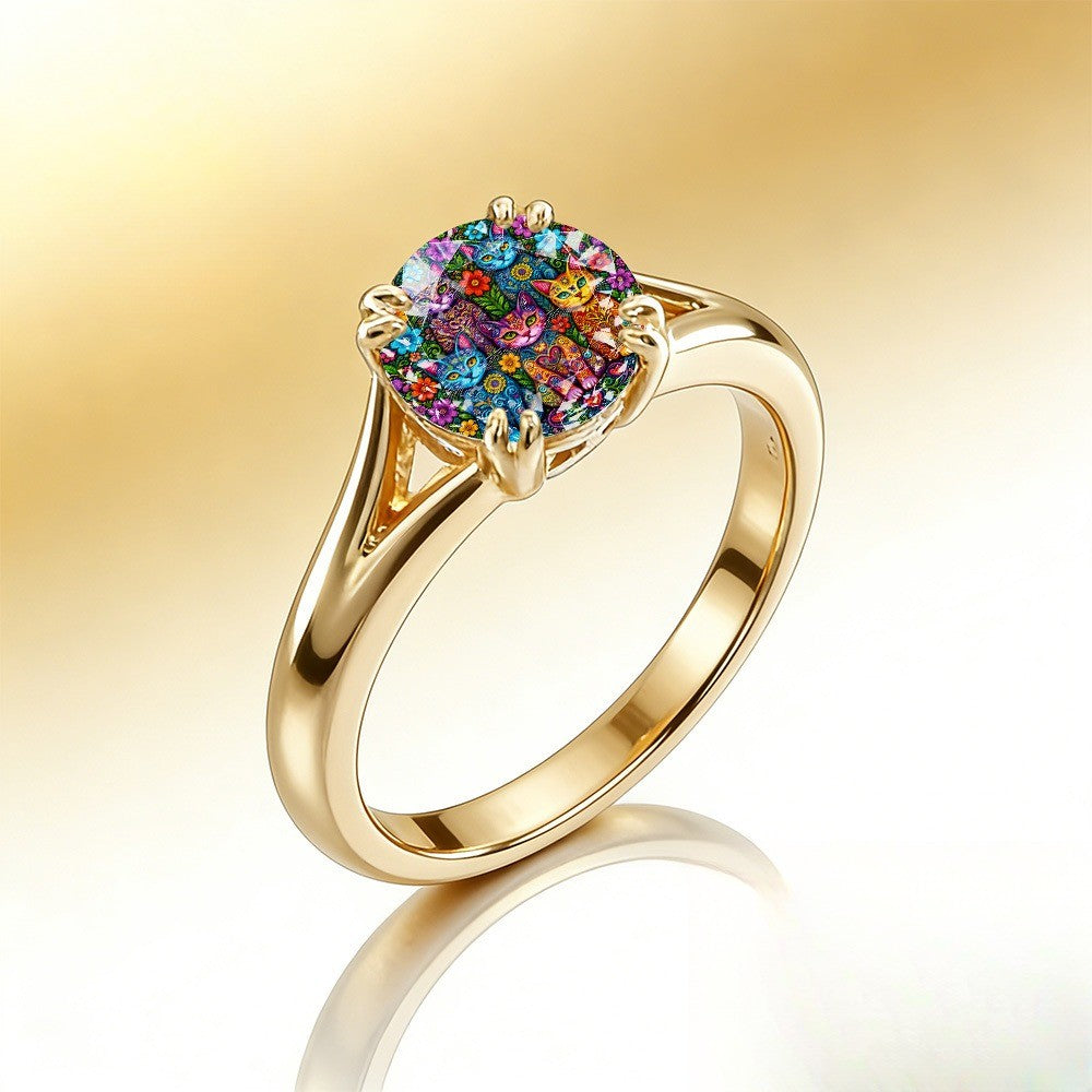 Colorful Floral Cat Prong Ring