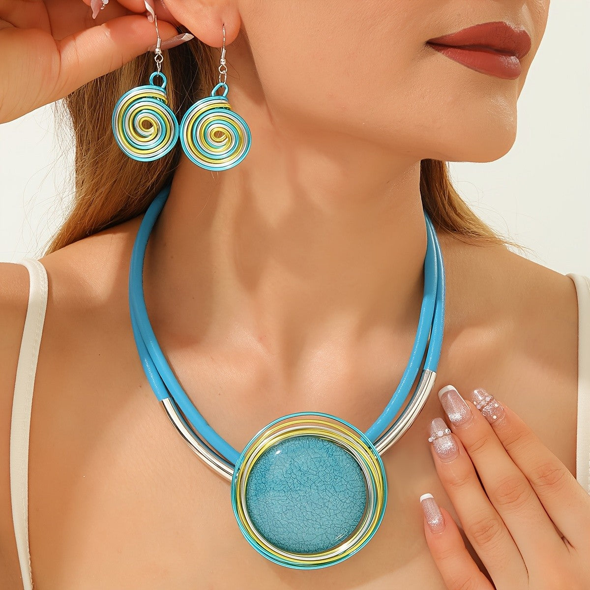 Round Resin Cord Necklace & Earring Set