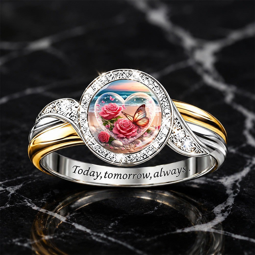 Rose & Butterfly Heart Ring