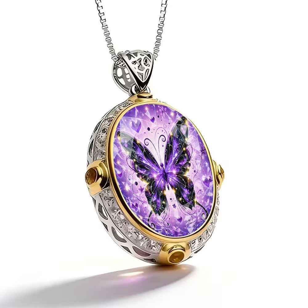 White Purple Butterfly Oval Pendant Necklace