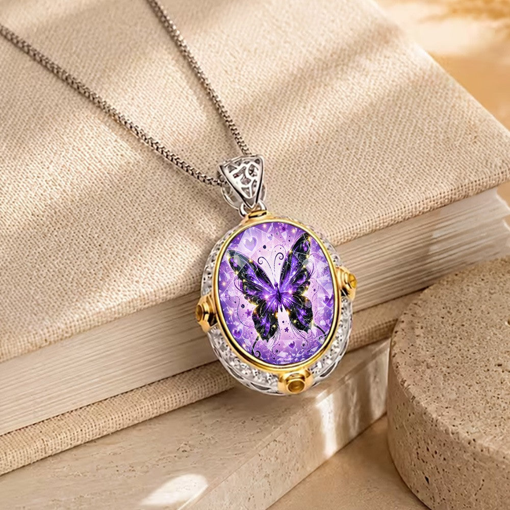 White Purple Butterfly Oval Pendant Necklace