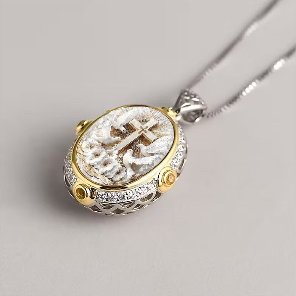 Cross & Dove Oval Pendant Necklace