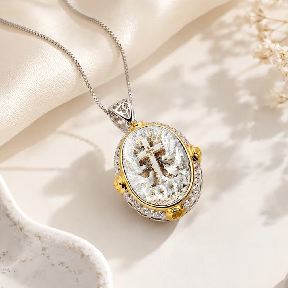 Cross & Dove Oval Pendant Necklace