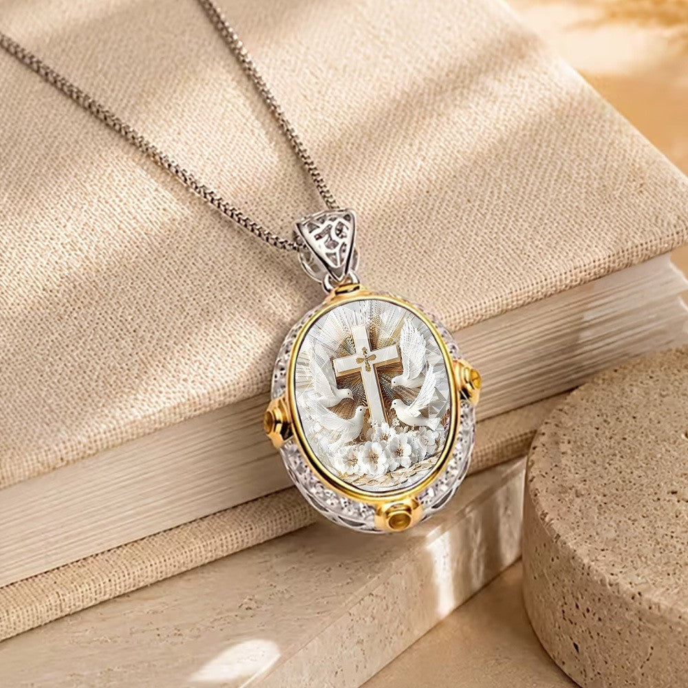 Cross & Dove Oval Pendant Necklace