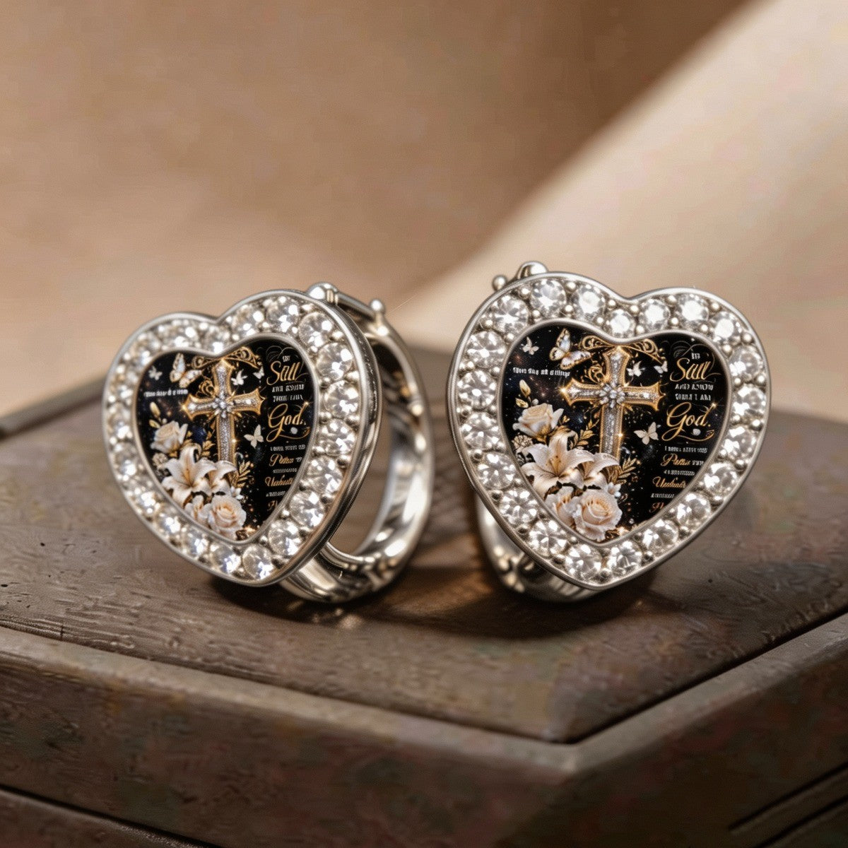 Floral Cross Heart Huggie Earrings