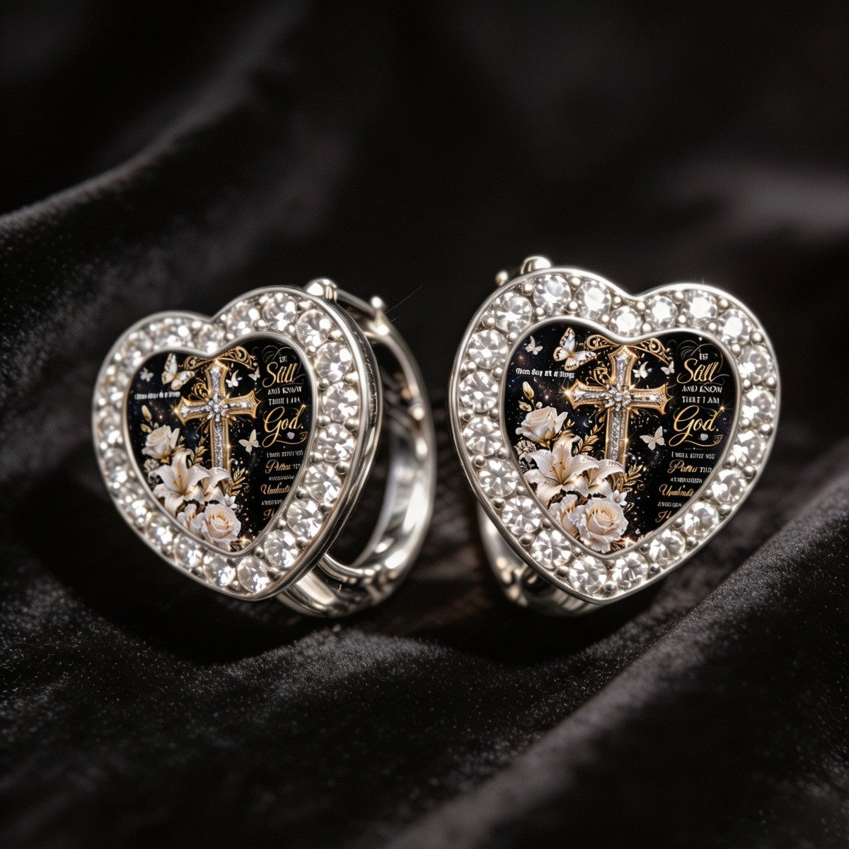 Floral Cross Heart Huggie Earrings