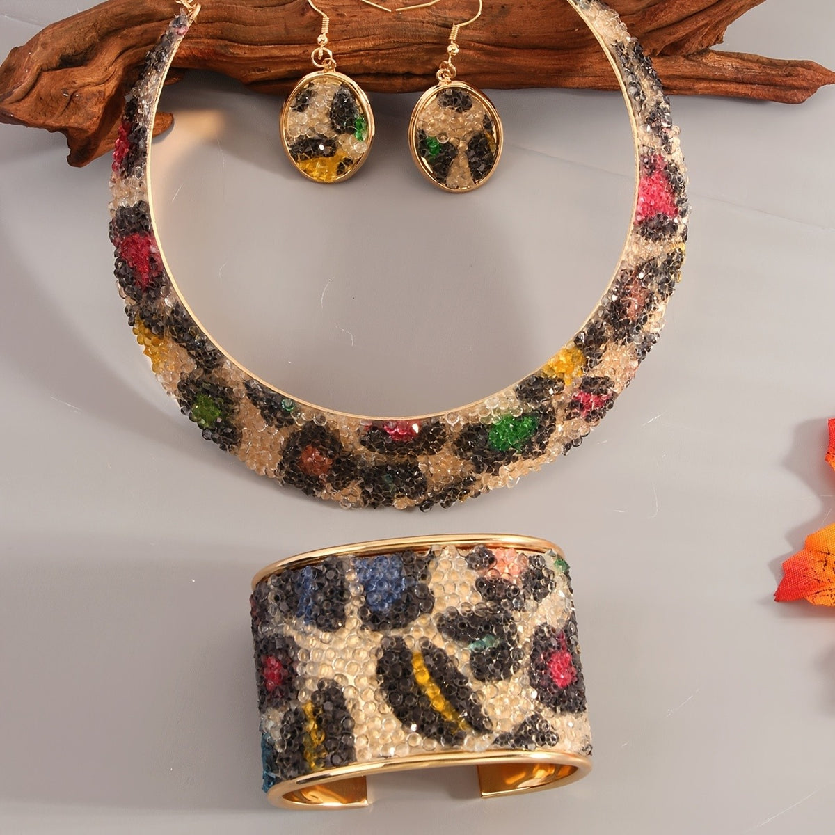 Colorful Rhinestone Leopard Collar Set