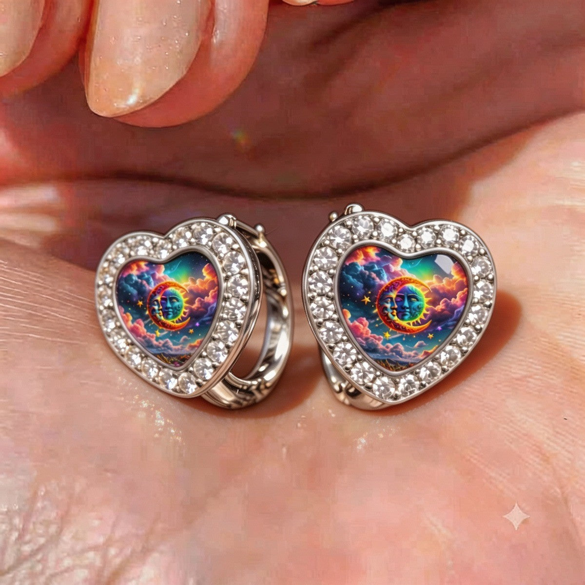 Rainbow Sun & Moon Heart Hoop Earrings