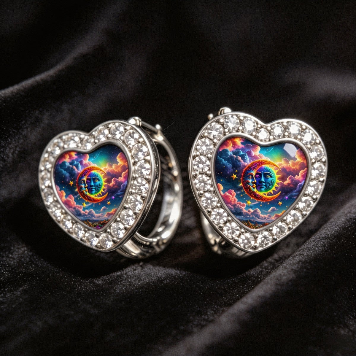Rainbow Sun & Moon Heart Hoop Earrings